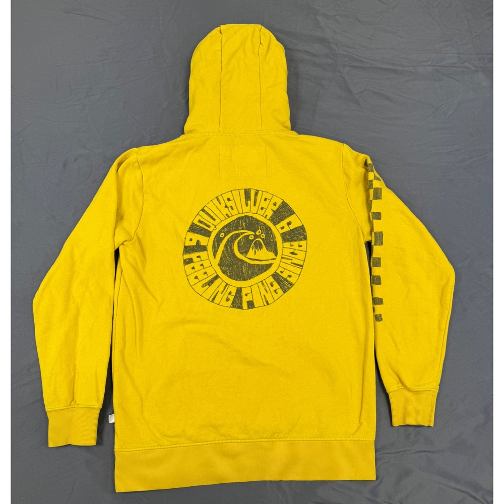 Quiksilver Mens Mustard Yellow Graphic Hoodie Checkerboard Sleeve Size Medium - Picture 8 of 12